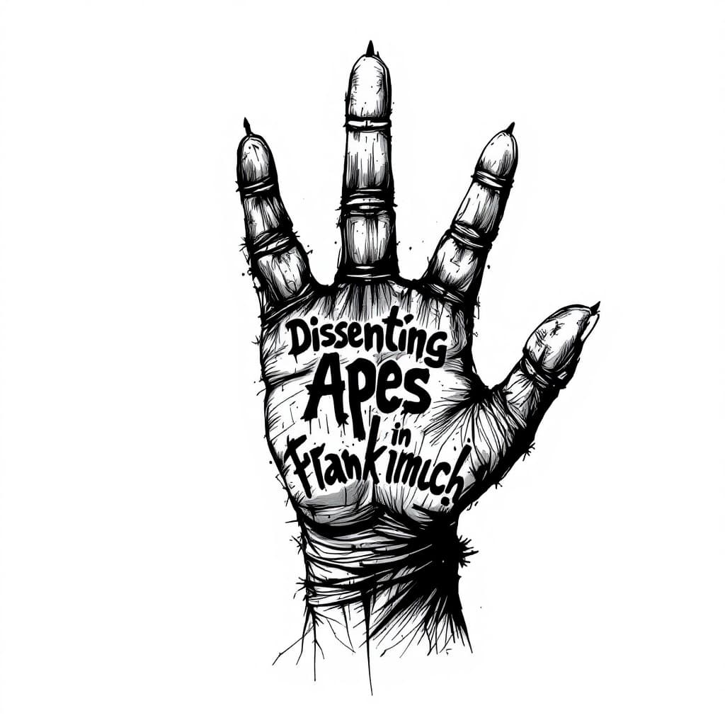 AI generated: An ape hand, palm facing us, its hand is like a paw print with a ring finger, a ring with orbiting w...