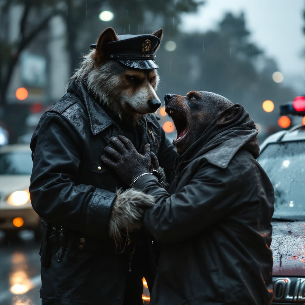AI generated: dramatic emotional tension composition of policeman anthropomorphic dog with hairy paws in a worn we...