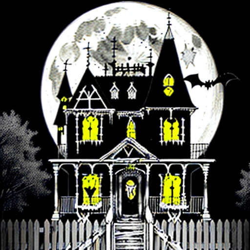 AI generated: Create a black and white Halloween-themed coloring page featuring a spooky haunted house. The house ...