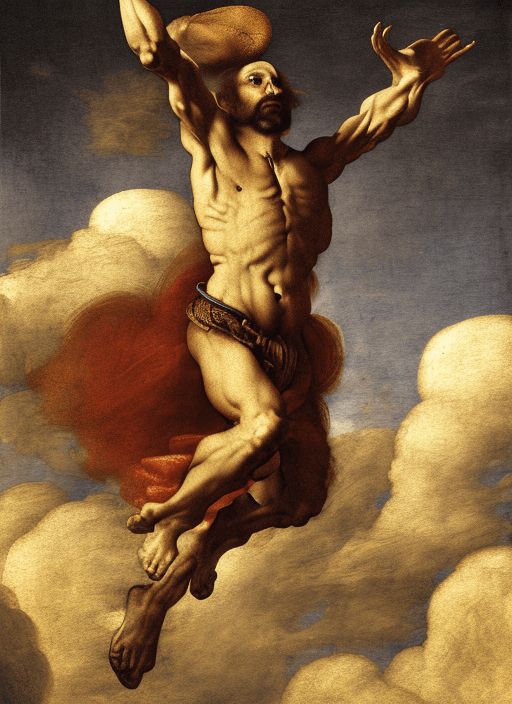 AI generated: A man flies into the clouds in this 8k painting by Leonardo da Vinci