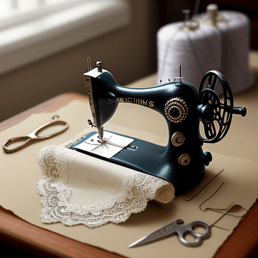 AI generated: sewing machine, threads, fabrics, lace, scissors, needles, beads, thimble, realism