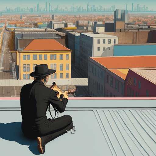 AI generated: Color Field, Berlin Secession, Conceptual art, guitar player sitting on a roof looking down at a cit...