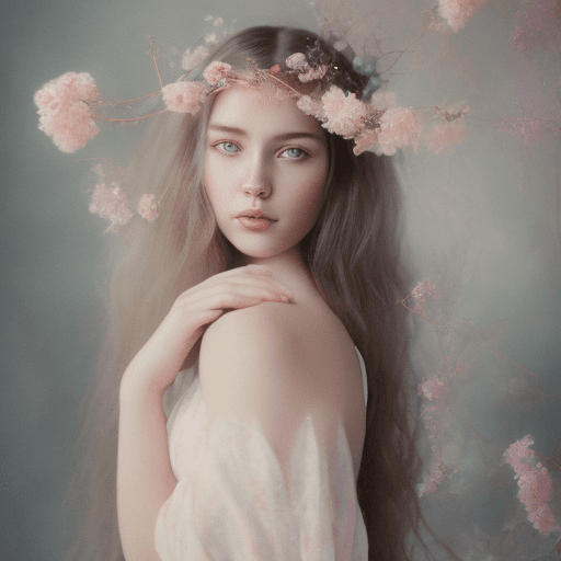 AI generated: Dreamy pastel portrait, female model, long wavy hair, soft gaze, flowery headpiece,
delicate makeup,...