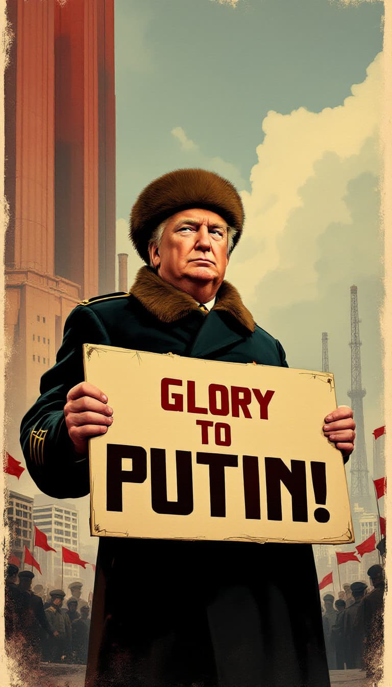 AI generated: Create a retro-style propaganda poster featuring a Soviet-era donald Trump holding a sign that reads...