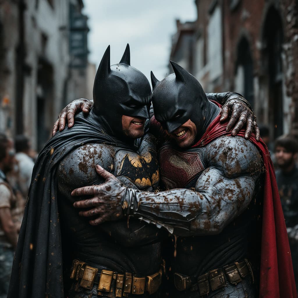 AI generated: photography, medium shot of a batman and superman drunk, laughing very fat, the suits are muddy, dir...