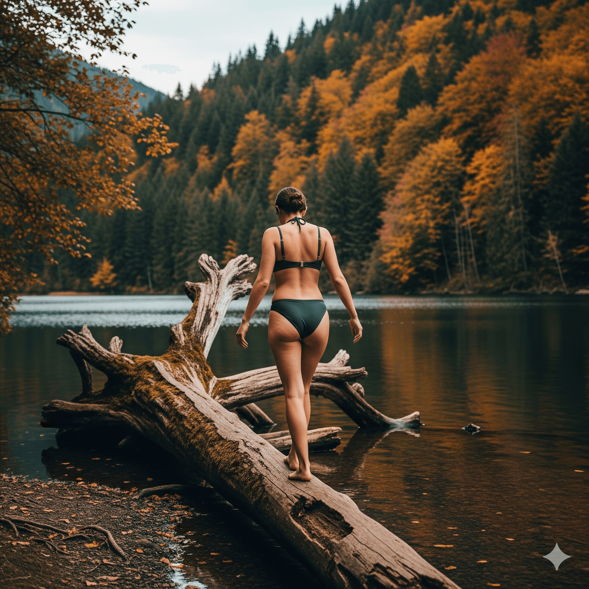 AI generated: A young woman, viewed from behind, wearing a dark green bikini, walks barefoot along the shore of a ...
