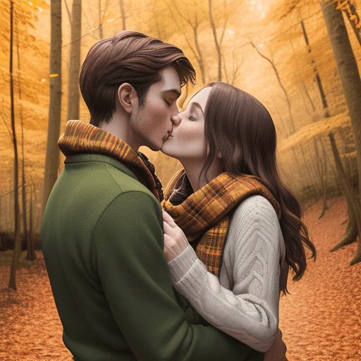 AI generated: A young couple in cozy fall attire, walking through a forest filled with colorful leaves; the woman ...
