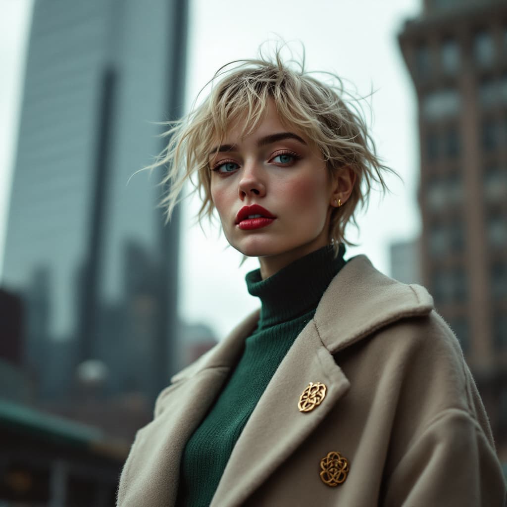 AI generated: A cinematic portrait of a stylish young woman with short, messy blonde hair, standing in an urban en...