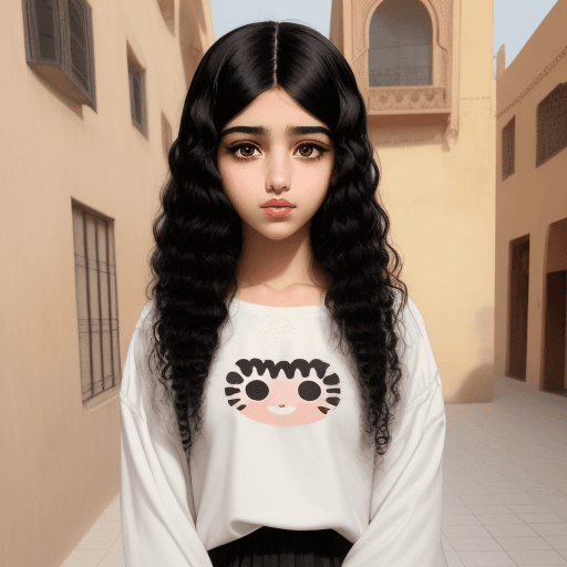 AI generated: Black hair, black eyes,14 years old morrocan girl 
big lips , almond eyes
wearing modern clothes kaw...