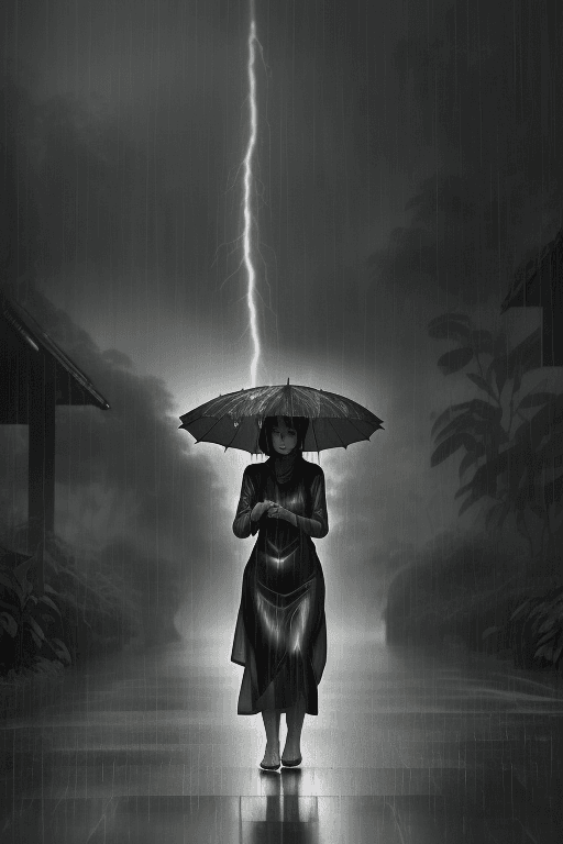 AI generated: Indonesian woman walking in the rain holding a big leaf over head, in the rain, rainy mood, under ra...