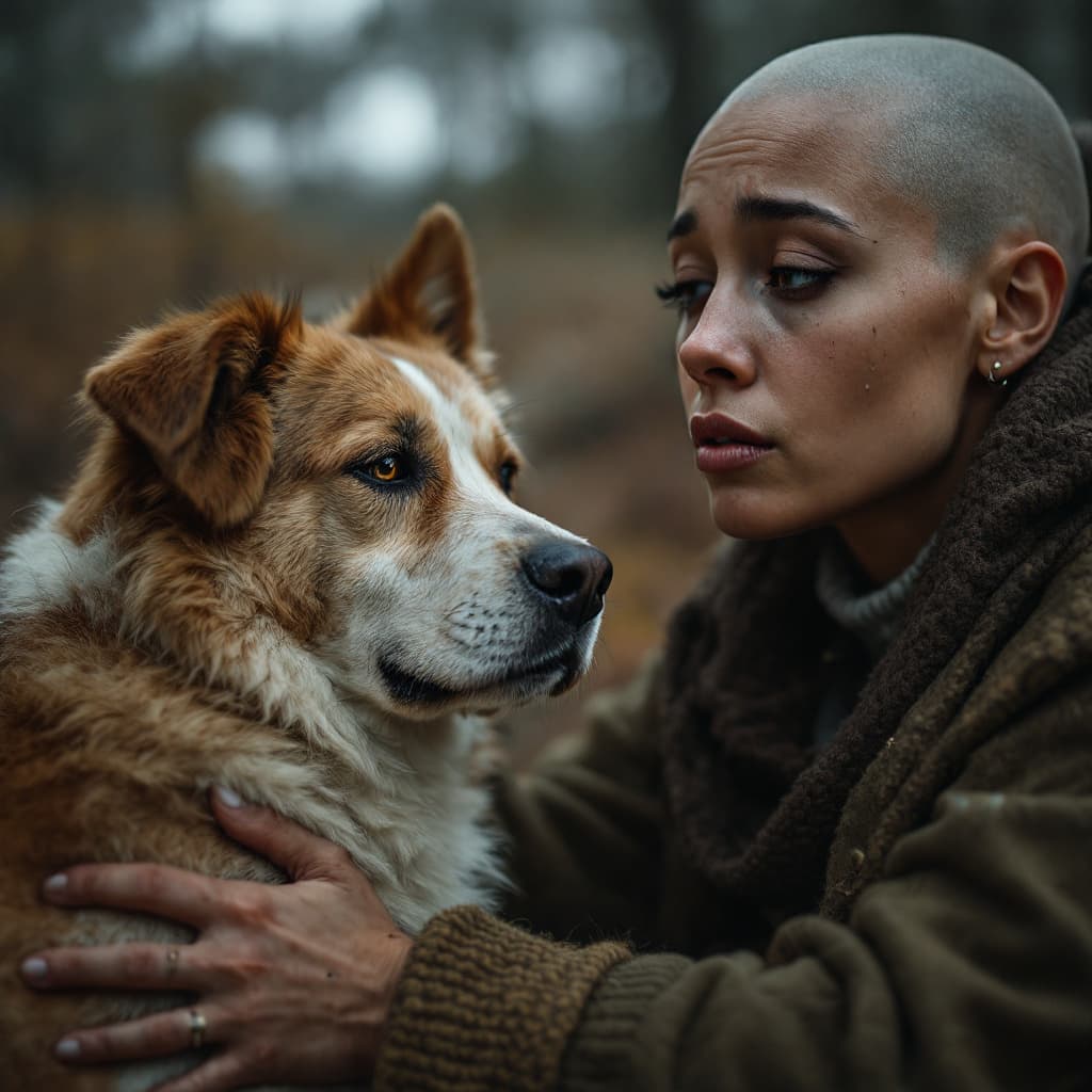 AI generated: A heartwarming scene of a sad teary eyed bald young woman   and a dog sharing a moment of companions...