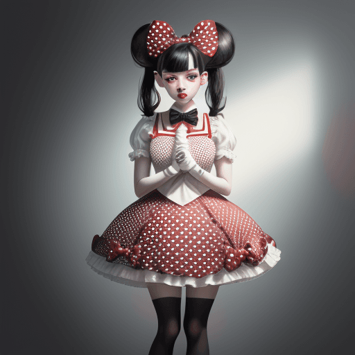 AI generated: Minnie mouse imagined as human girl, a beautiful girl, red frock with white polka dots, black hair, ...