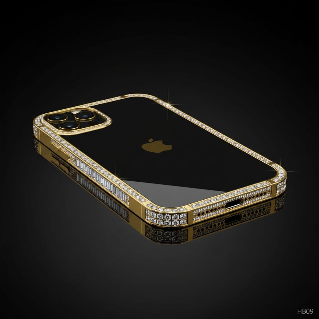 AI generated: Create a gold iPhone 17 encrusted with diamonds around the edge.
Insert a tiny "HB09" watermark at ...