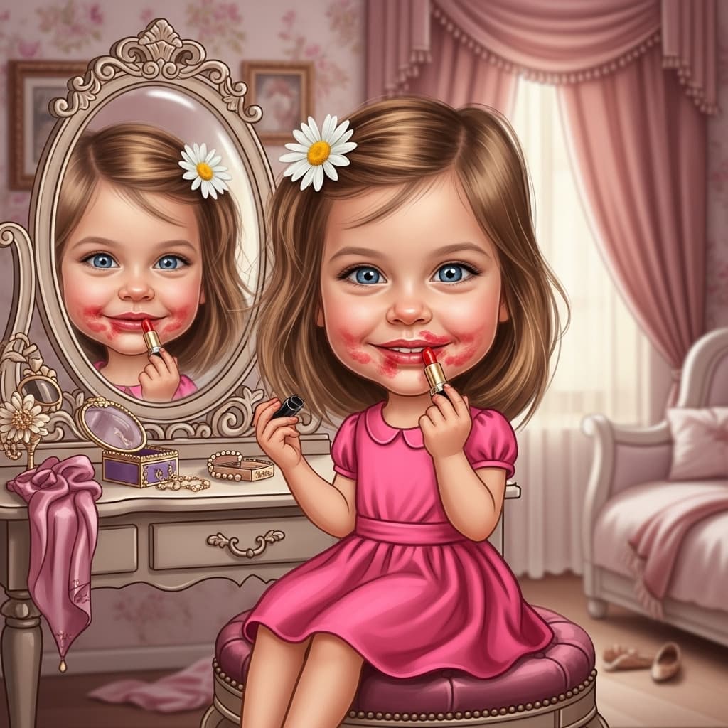 AI generated: Caricature.  whimsical, little lady, playing with moms lipstick, looking in the mirror while putting...