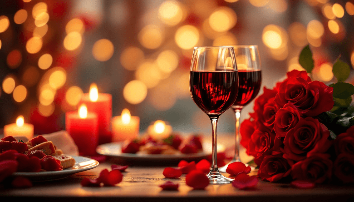 AI generated: Romantic dinner scene, two glasses of red wine, bouquet of red roses, candlelight, warm bokeh backgr...