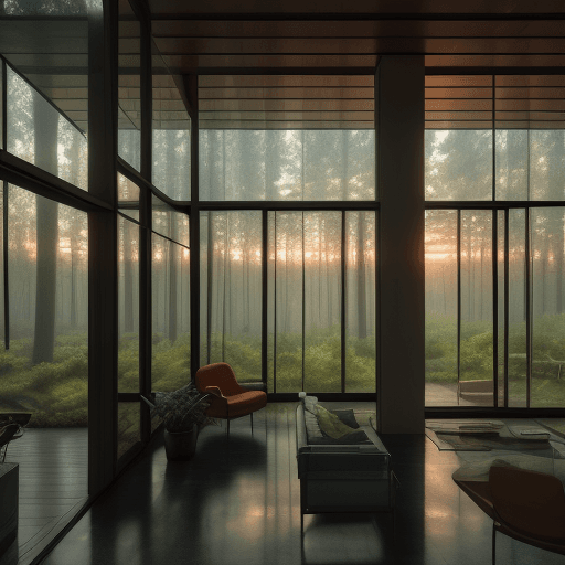 AI generated: a hyper realistic photo of a beautiful house where walls are made of windows in mid-century modern s...