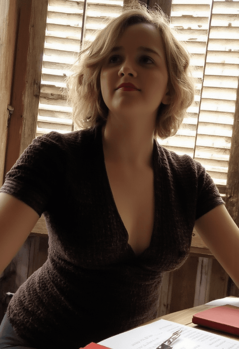 AI generated: Create a photorealistic portrait of a fit adult woman seated at a wooden table in a rustic setting, ...