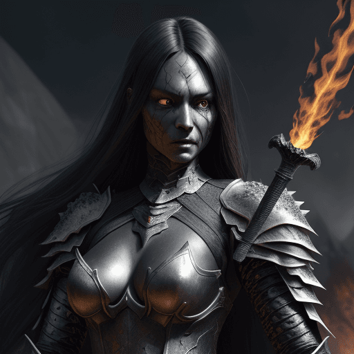 AI generated: Realistic women with black scary armor, Holding fire Sword,human face,long hair, perfectly detailed ...