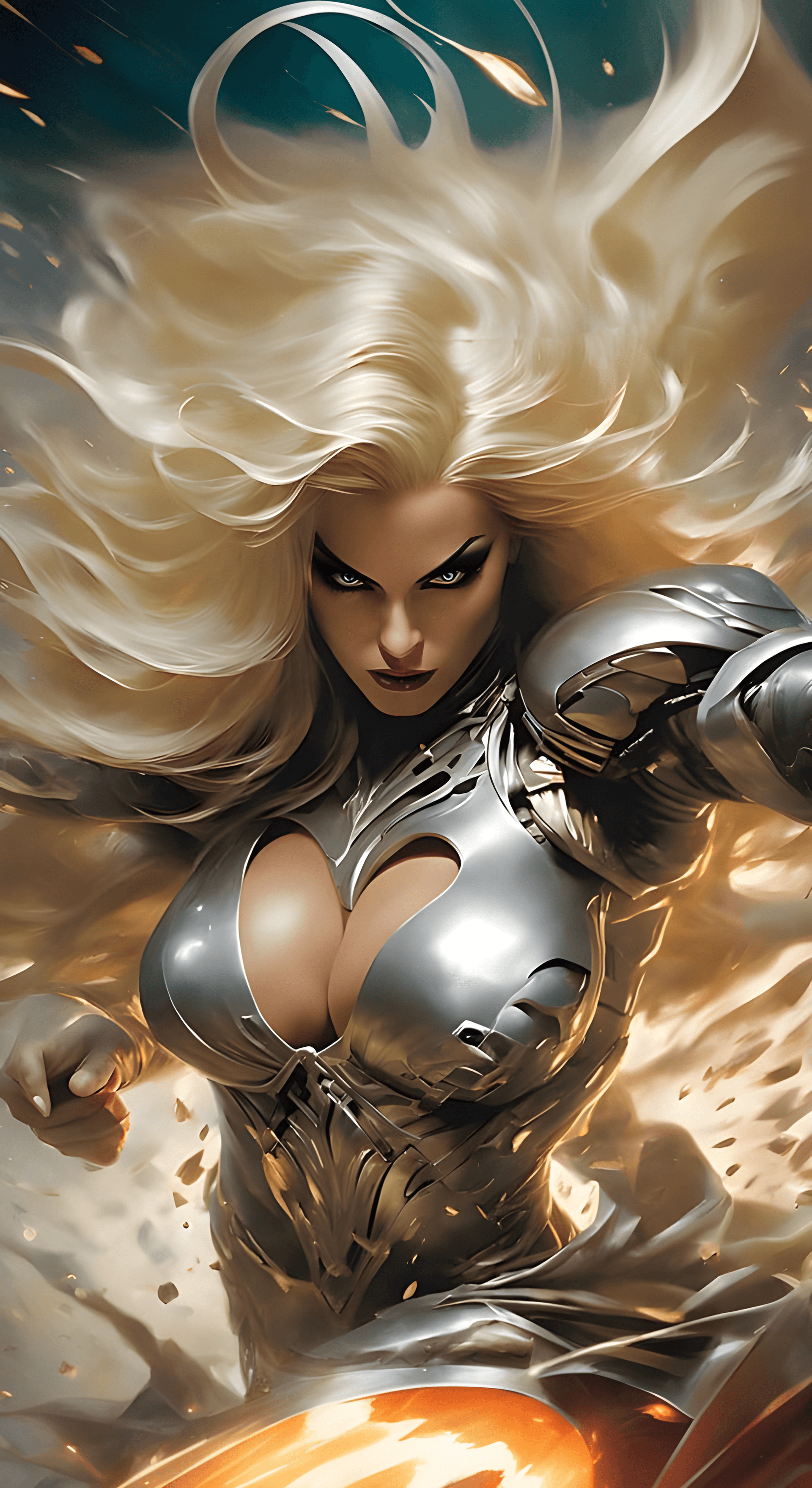 AI generated: titan femme fatale villainess, fatality action pose motion blur, flowing dress armor, hyper realism,...