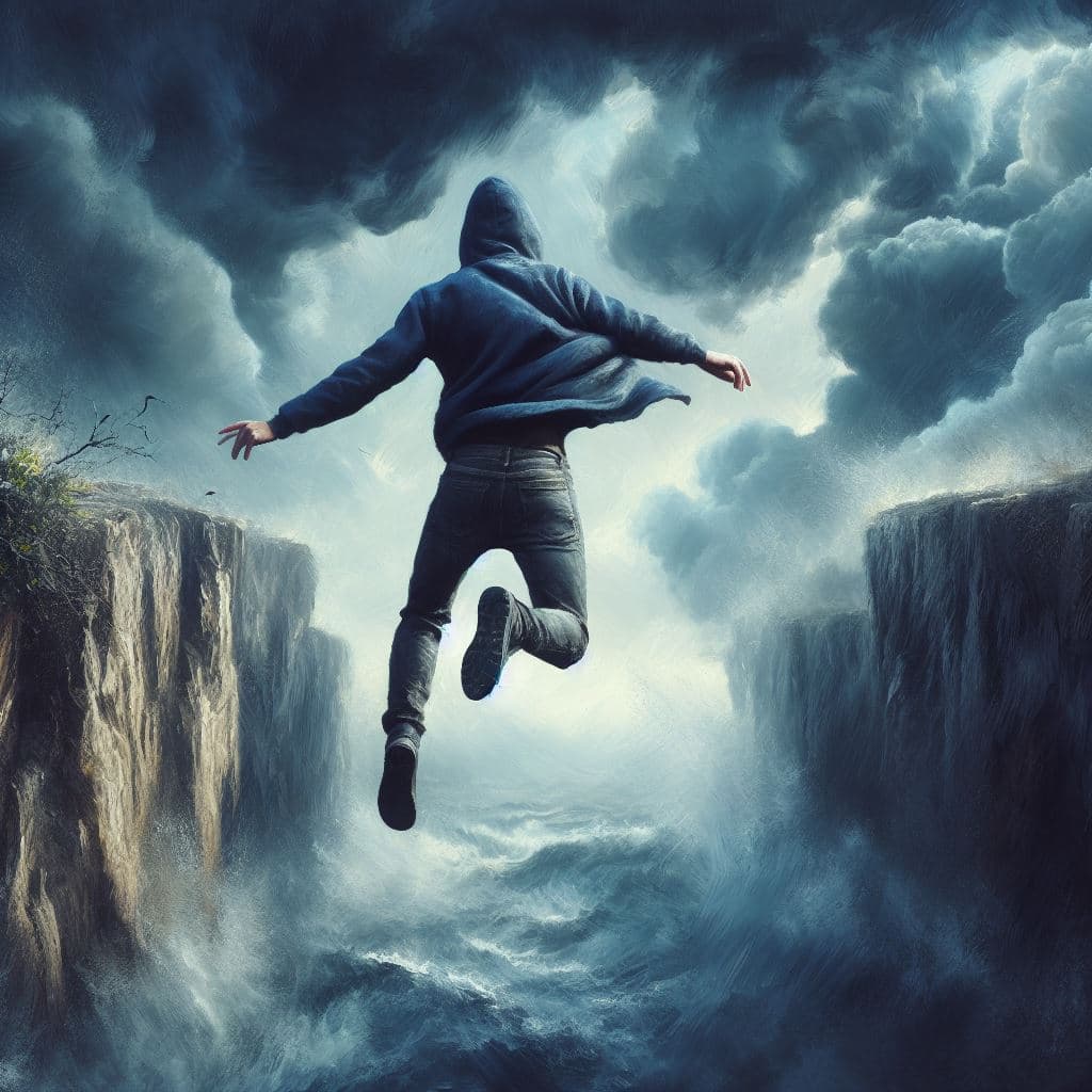 AI generated: hyperrealistic oil painting of a man jumping from a cliff, stormy weather, adventure, freedom, cliff...