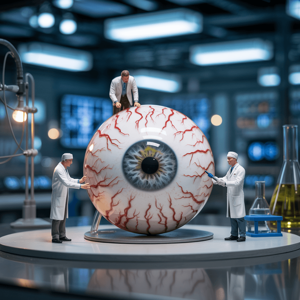 AI generated: photorealistic, miniature doctors fixing, giant human eye, in a lab, depth of field, ambient light, ...