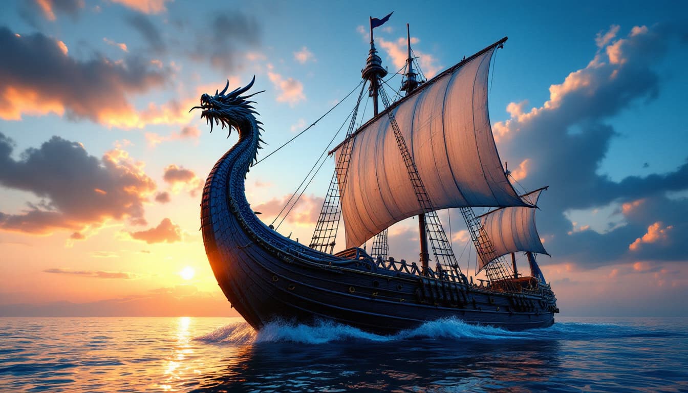 AI generated: Photo of authentic Viking ship with dragon head headpiece and dragon tail tailpiece, midday in brigh...