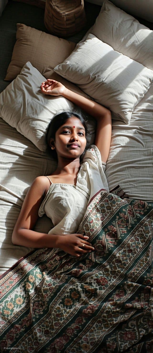 AI generated: Create a 9:16 high-angle candid POV portrait of a bengali woman lying diagonally across patterned co...