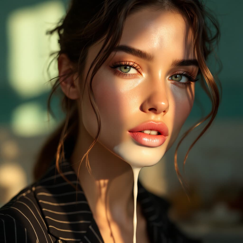 AI generated: Close-up portrait of a young supermodel illuminated by soft, warm afternoon light , thick white milk...