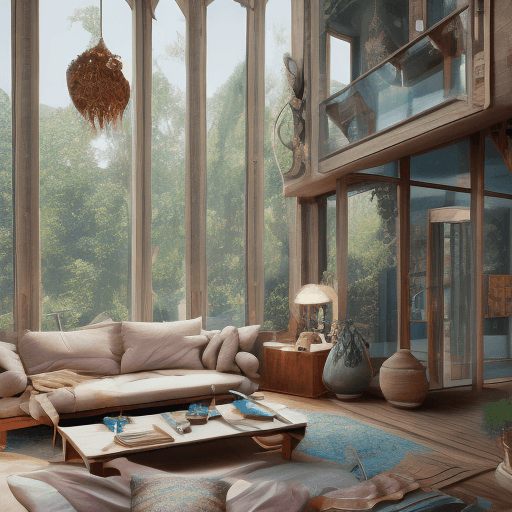AI generated: High resolution photography interior design, dreamy sunken living room conversation pit, wooden floo...