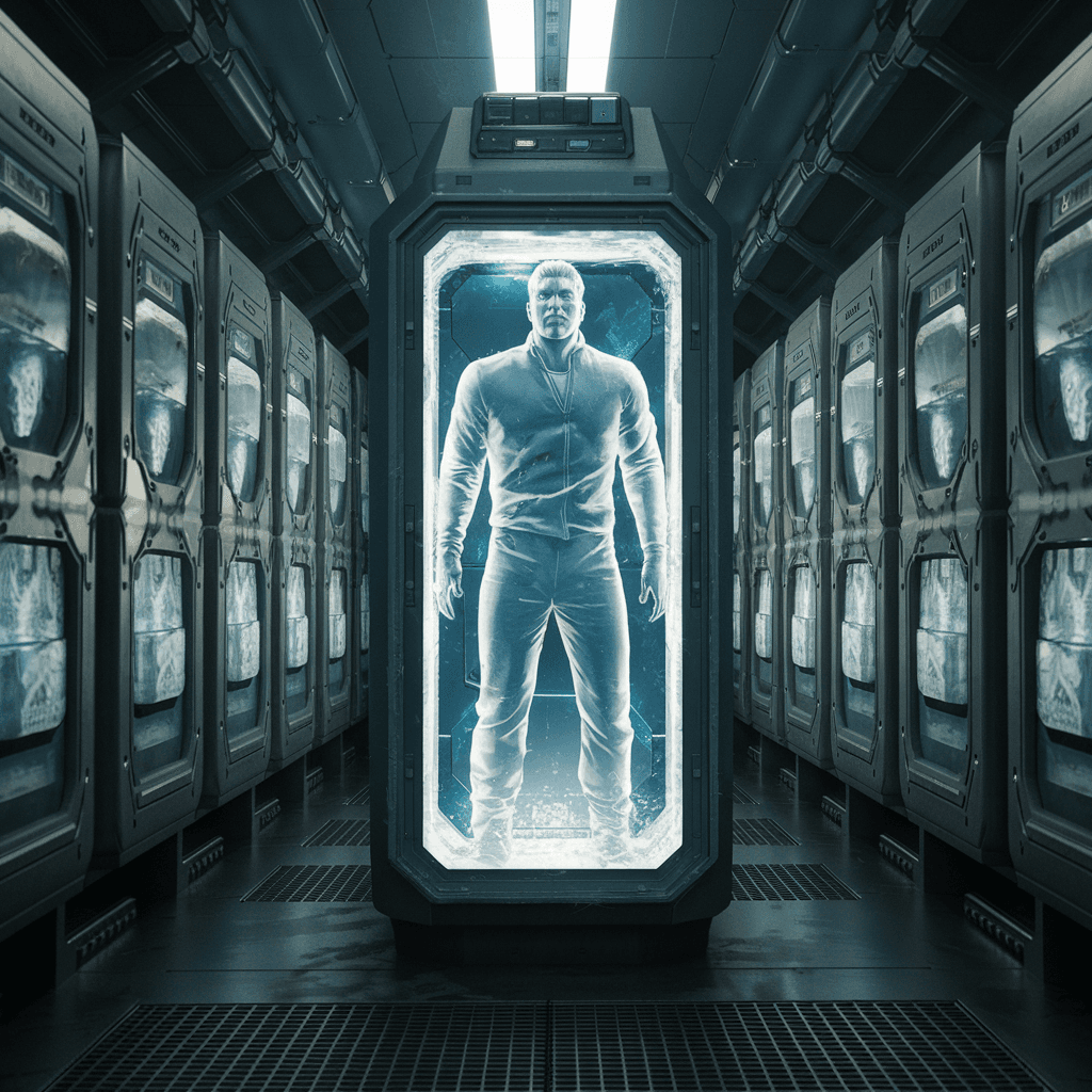AI generated: A  man, frozen in ice inside an airlock tank, in the middle of a row with other cryo tanks. in a cyb...