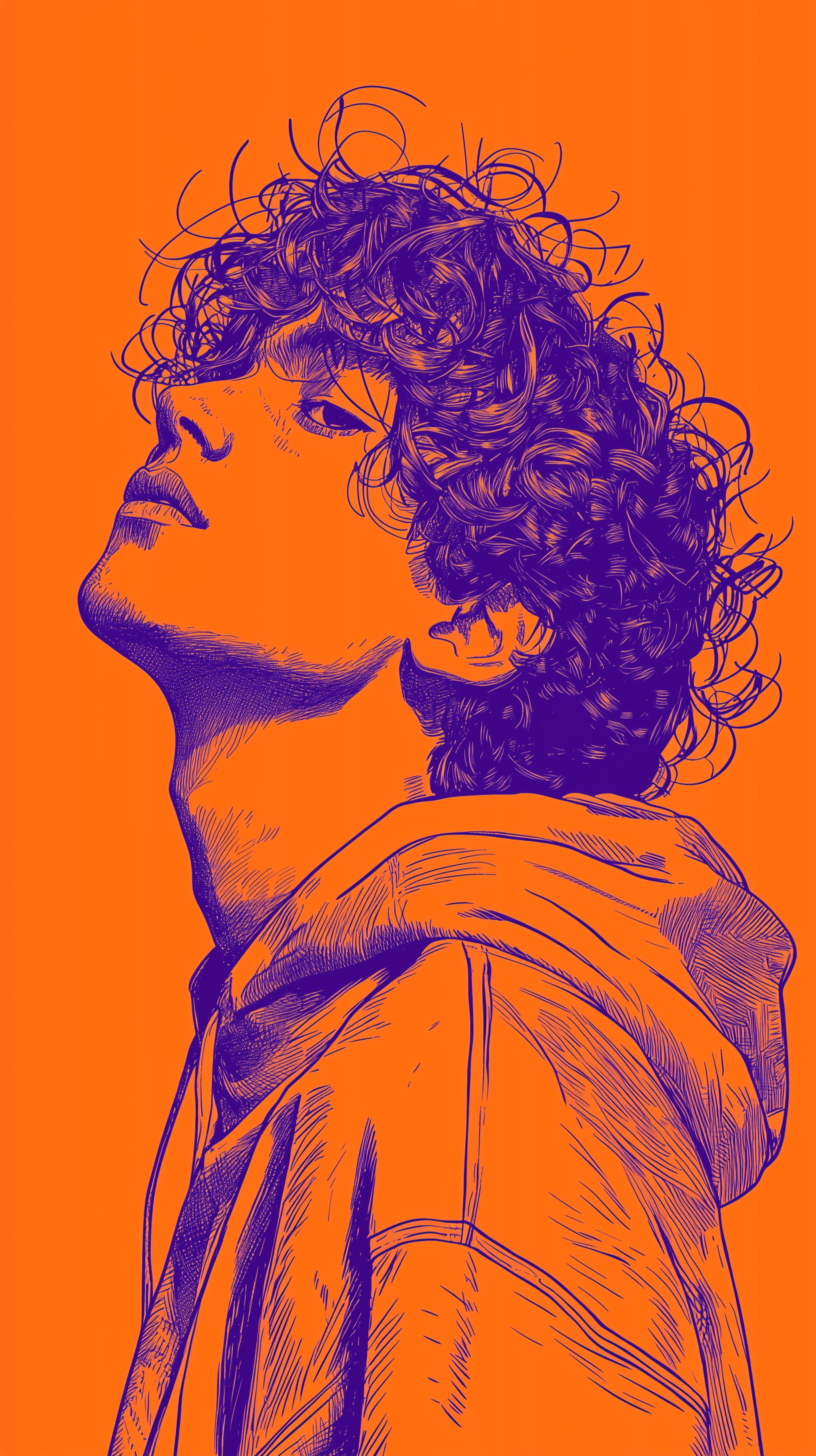 AI generated: duo tone graphic design, three-quarter view of a teenage boy, deep purple outline on neon orange bac...