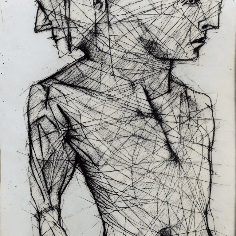 AI generated: drypoint engraving scribble illustration,  paranoid, annotated, messy, disorganized, man with Anatom...