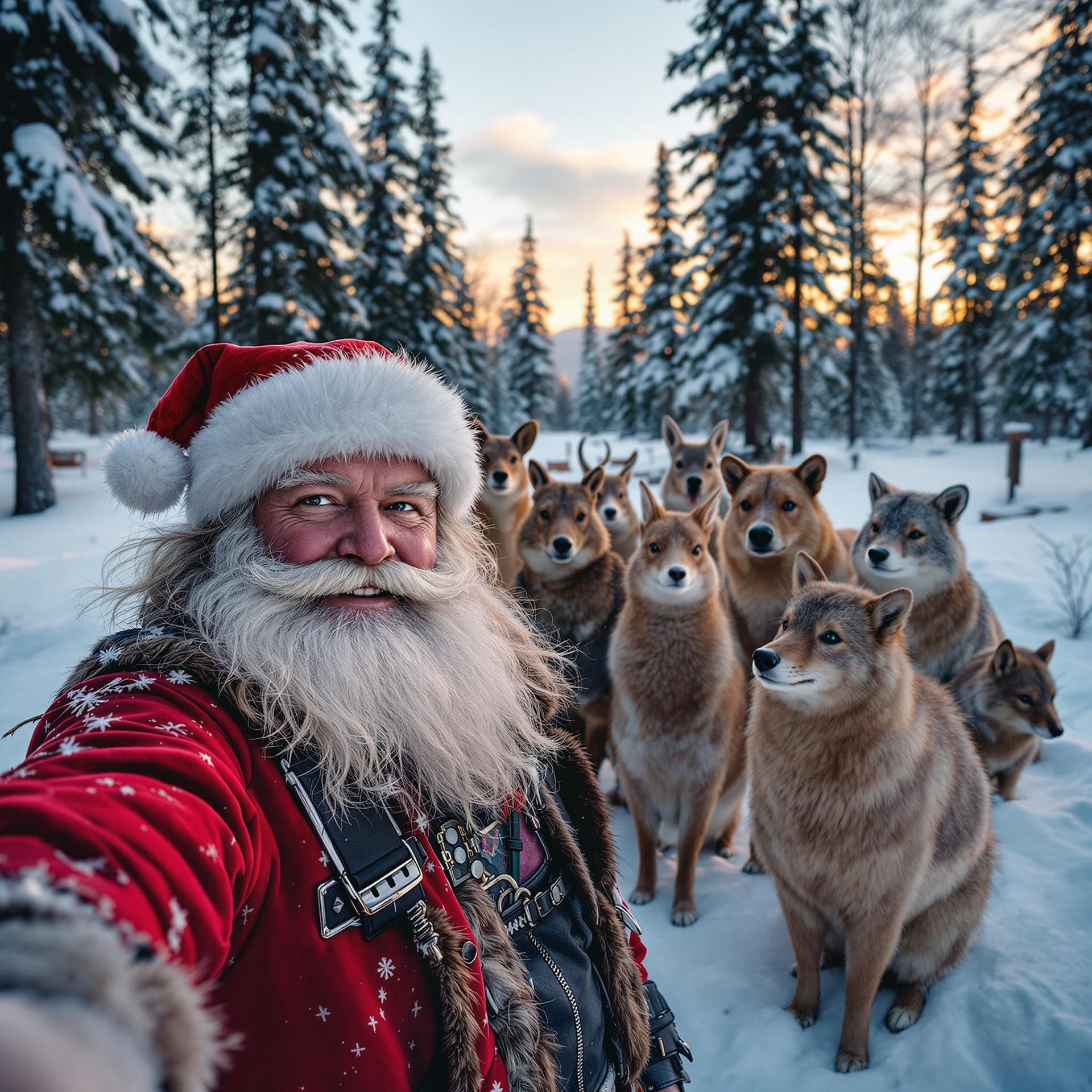 AI generated: In the winter forest, there is an field with many forest animals standing on it. Santa Claus wearing...