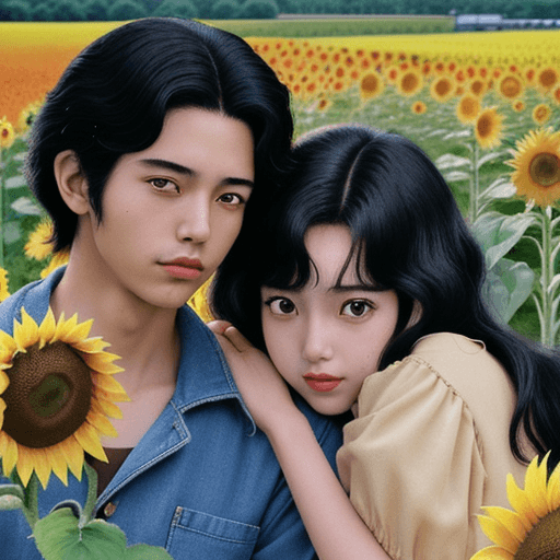 AI generated: close up, japanese manga, nostalgia vibes, retro showa, ghibli, couple, lovers, african american gir...