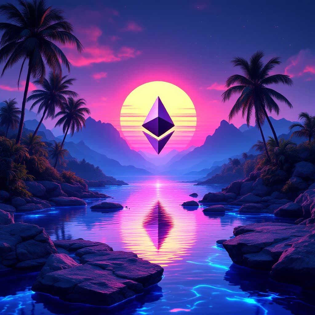 AI generated: A floating Ethereum logo above a glowing vaporwave lake surrounded by crystalline palm trees, the ho...