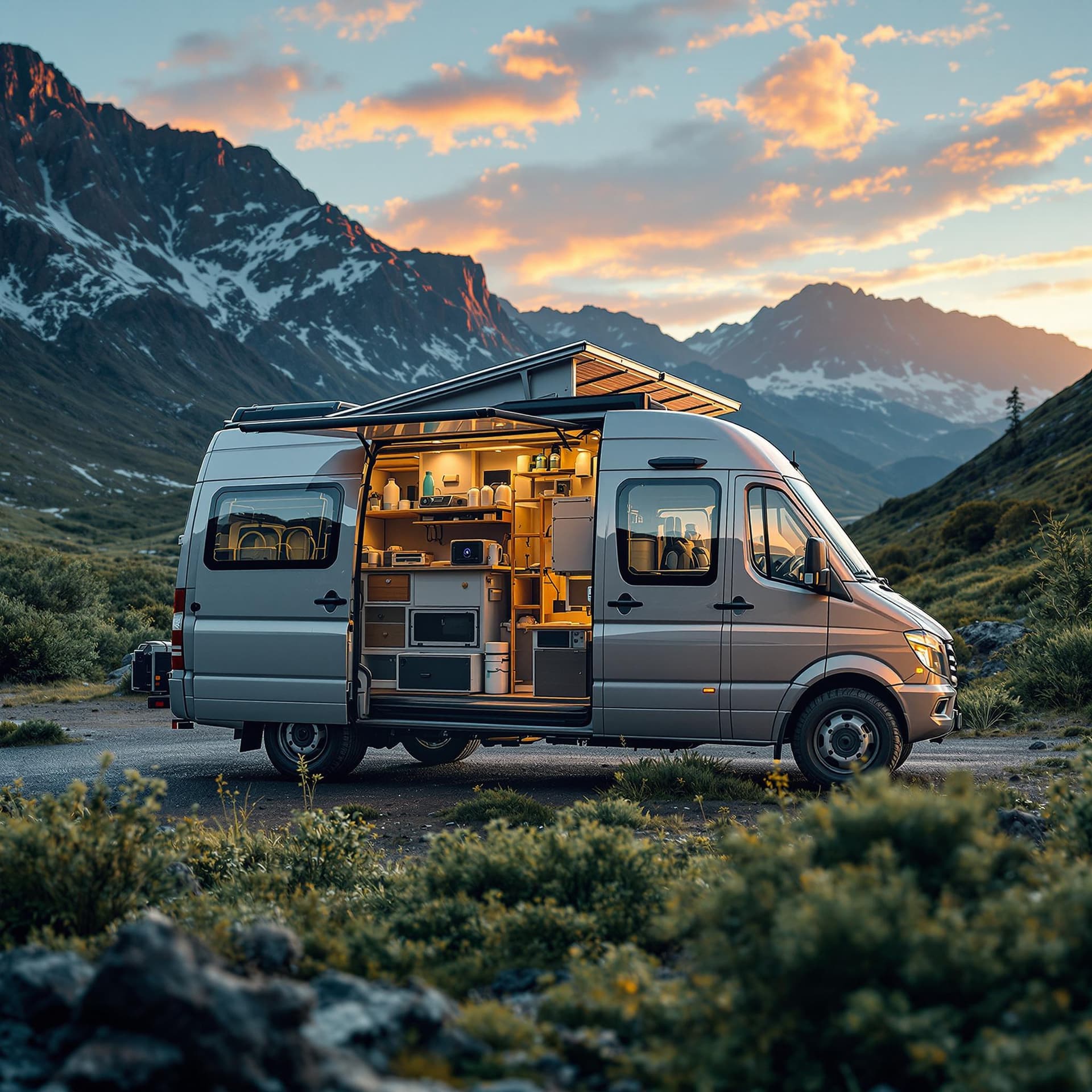 AI generated: A van with solar panels and a water filtration system. dslr, ultra quality, sharp focus, tack sharp,...