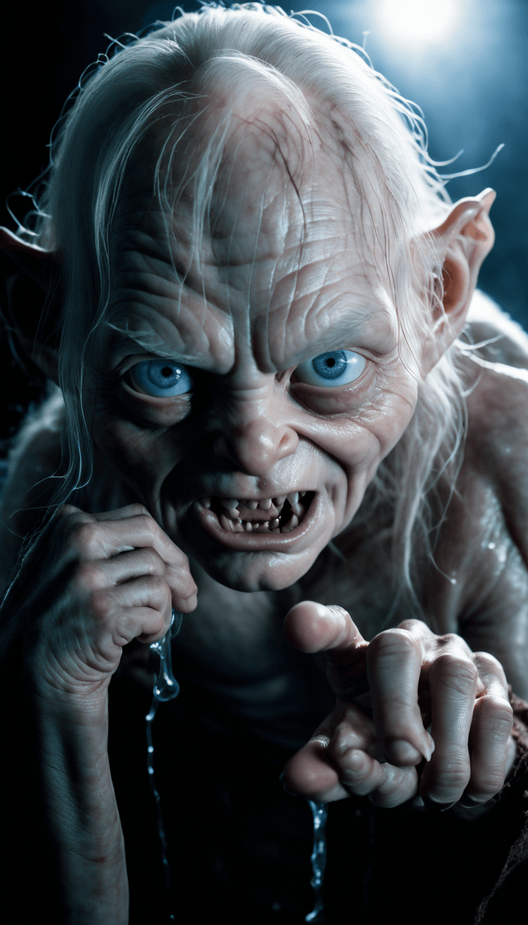AI generated: The image features a close-up of Gollum, a character from the Lord of the Rings movie. Gollum is a c...