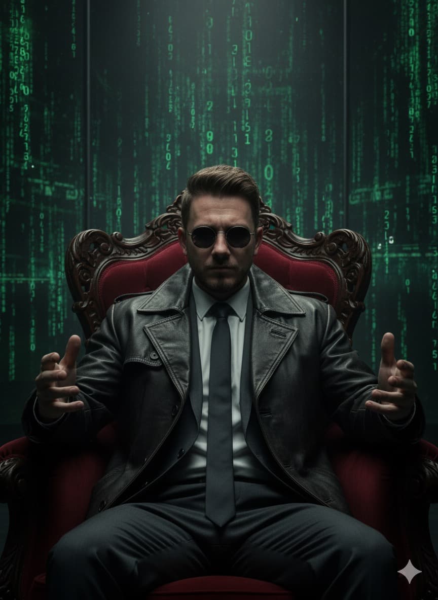 AI generated: {
  "prompt": "A cinematic, hyper-realistic portrait of a man (use the user's face) seated in a gra...