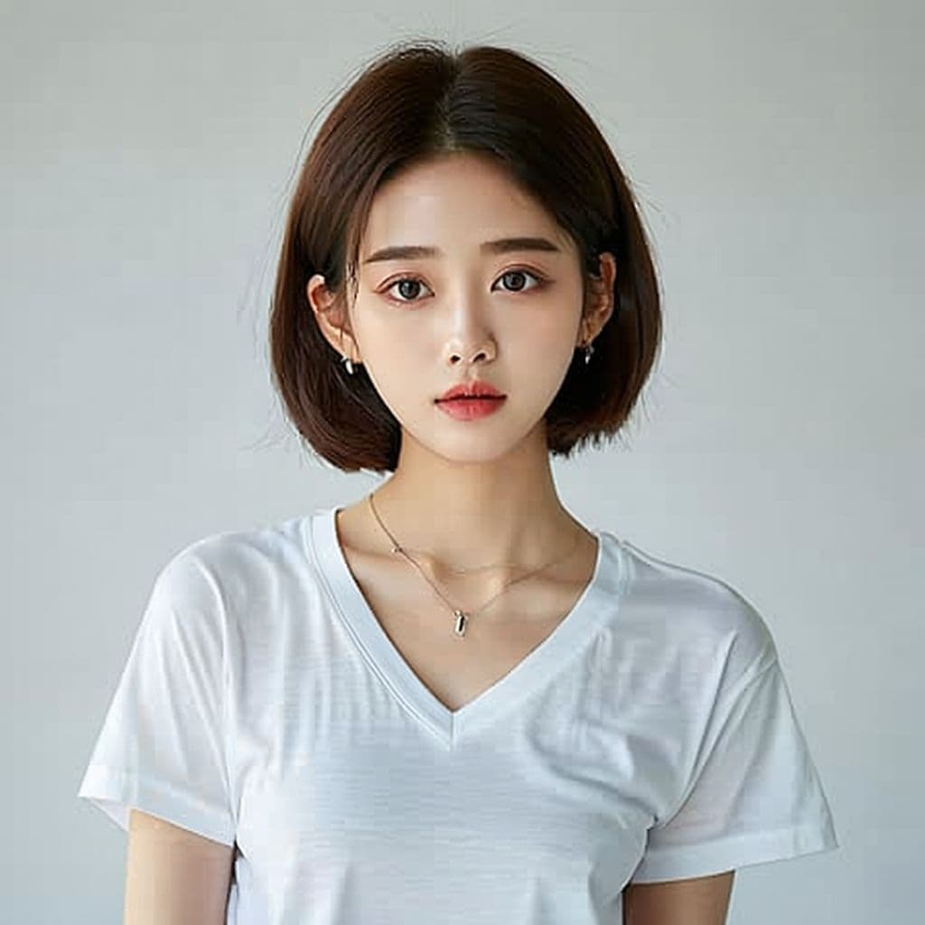 AI generated: photo of an Myanmar girl  24 yo with short hair wearing a v-neck t-shirt, kPop style, neutral backgr...