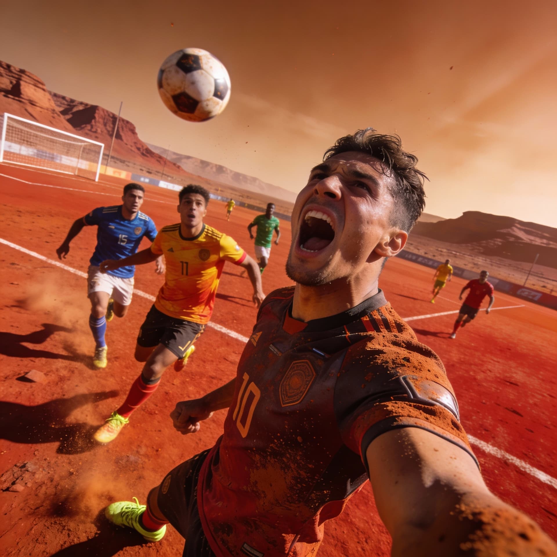 AI generated: Episches Fußball Match auf dem Mars, Kamera Winkel ist ego perspective eines Spielers, die Spieler s...