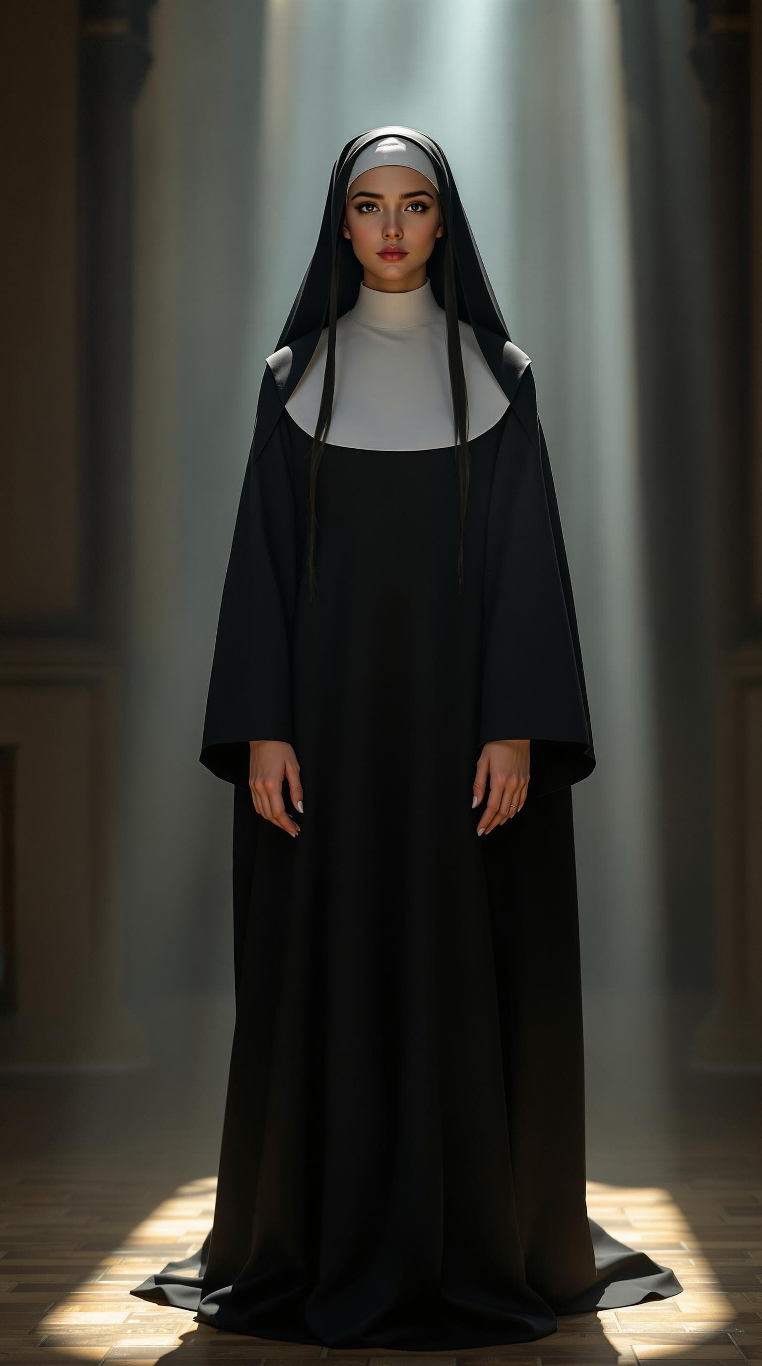 AI generated: Hyper realistic full body view of beautiful 14yo nun, indigen Face, long legs, Long Black Hair, big ...