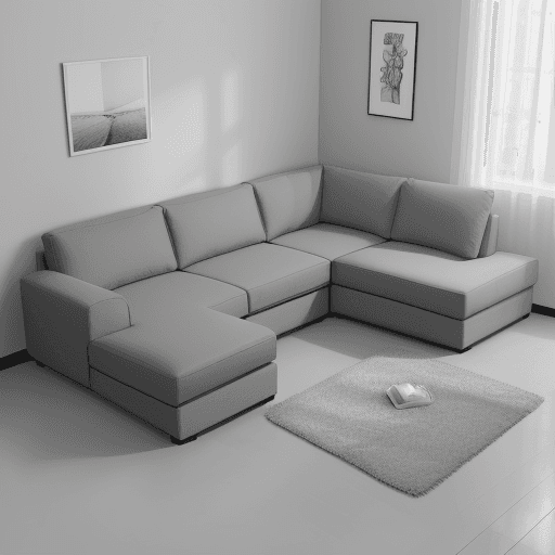 AI generated: photograph, sofa corner shape 3 sets modern grey color size Width 300cm Length 180cm Depth 90cm
