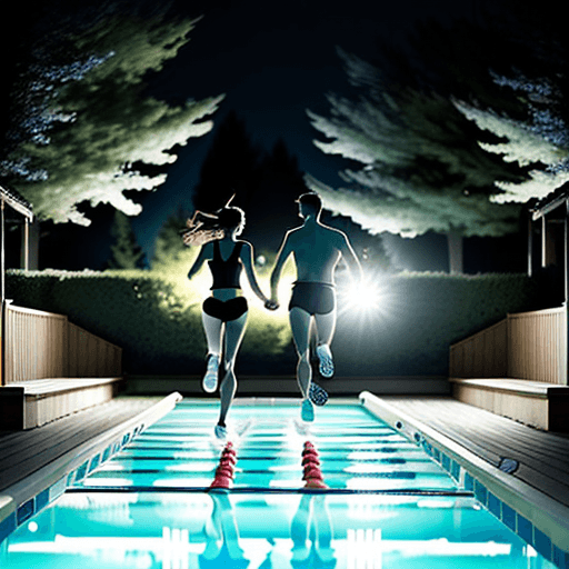AI generated: Young couple running to an outdoor pool surrounded by trees. They are holding hands and shown from b...