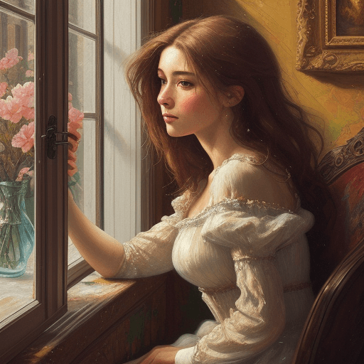 AI generated: a painting of a woman sitting near a window, in the style of beautiful women, playfully intricate, h...