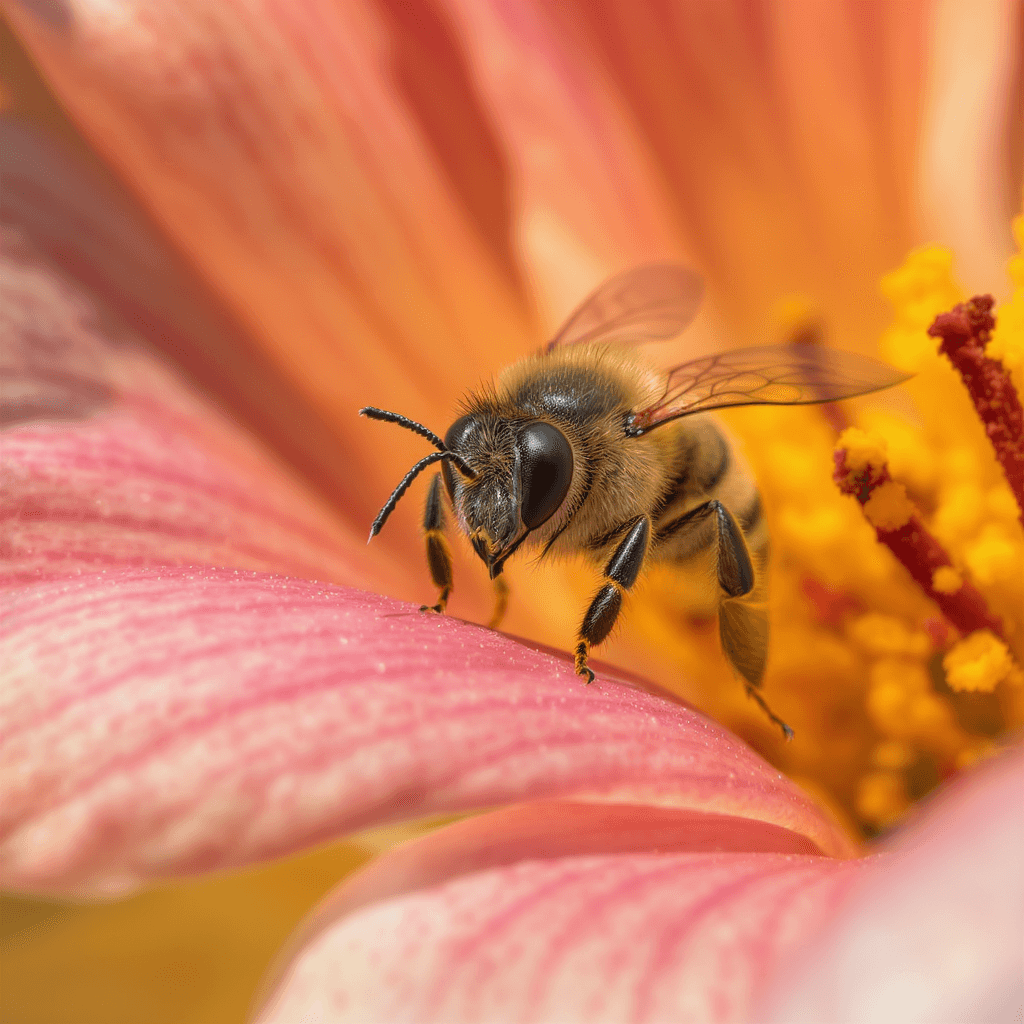 AI generated: Extreme close-up by Oliver Dum, magnified view of a bee on a petal occupying the frame, the camera f...