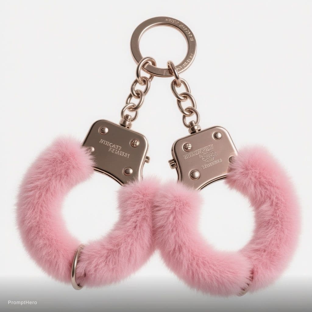 AI generated: A pair of fluffy pink handcuffs, soft faux fur material, product photography, white background, stud...