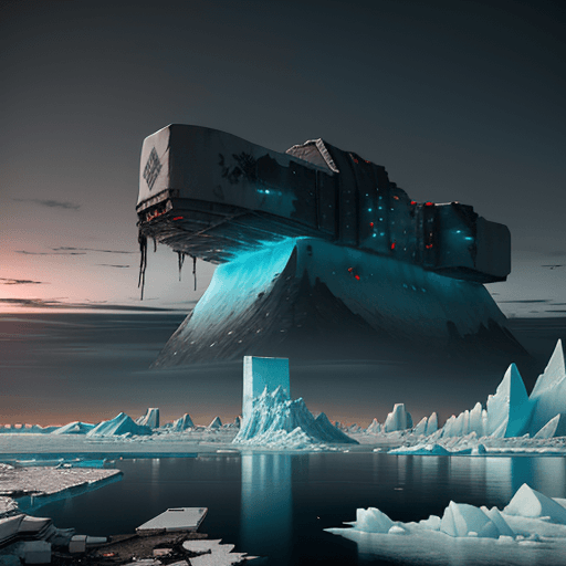 AI generated: andscape, post-apocalyptic, cyberpunk, of a polar bear, standing on a floating iceberg, in front of ...