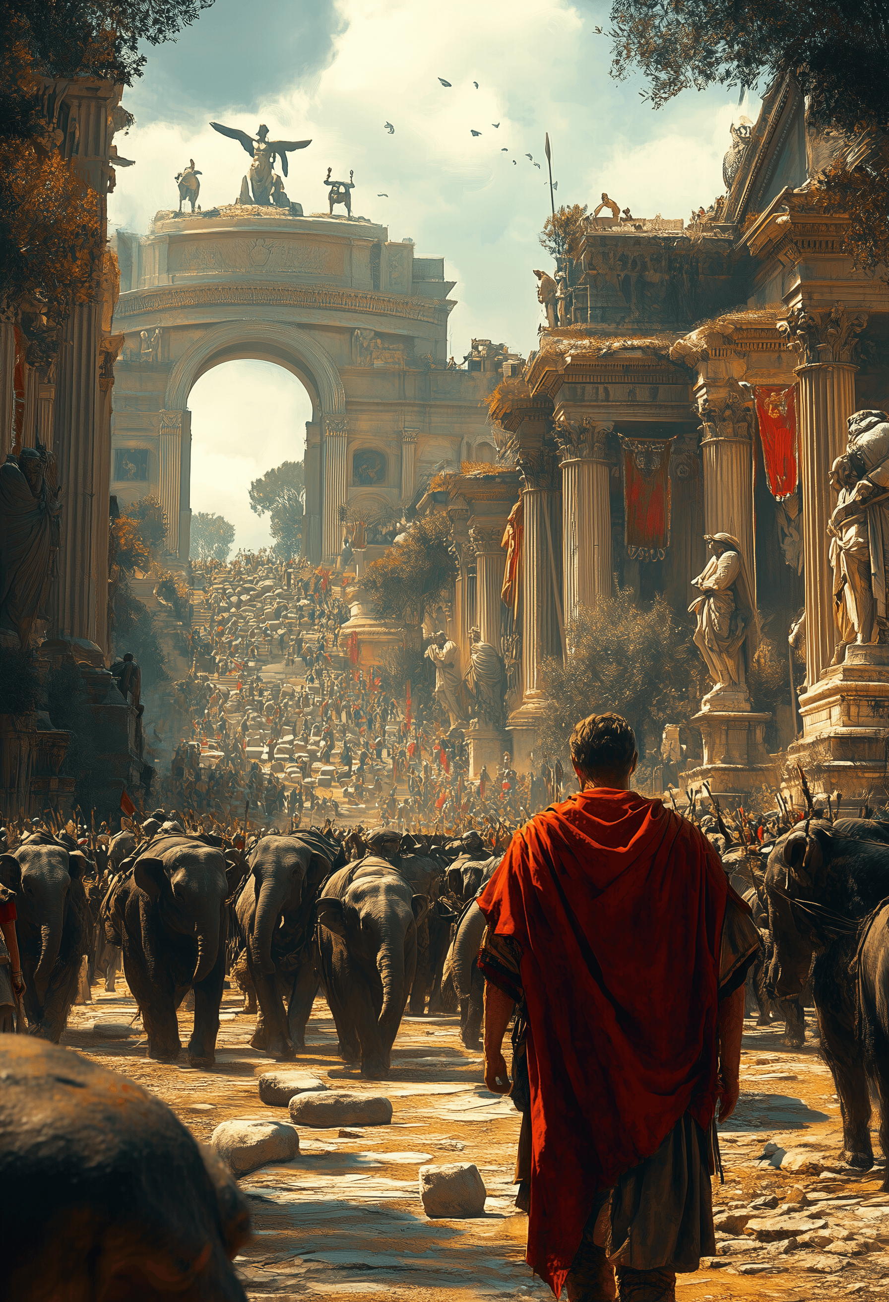 AI generated: An illustration of a man walking through the streets with people in ancient Rome, Animals are carryi...