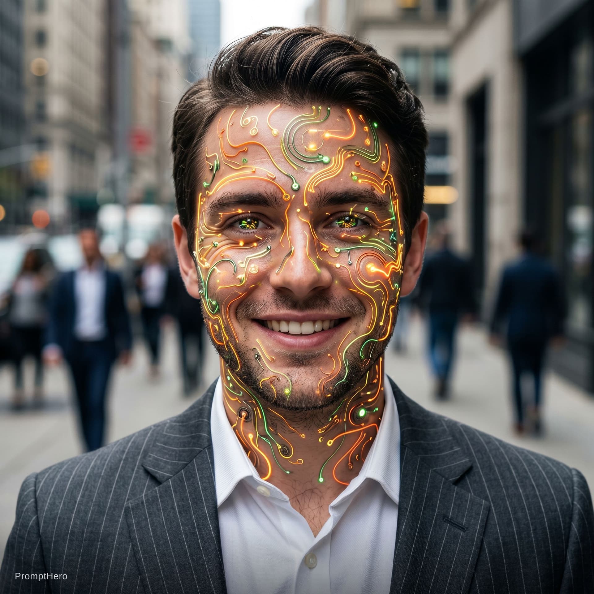 AI generated: 
A hyperrealistic white man walks toward us, facing the camera, along a city sidewalk. Close-up on t...