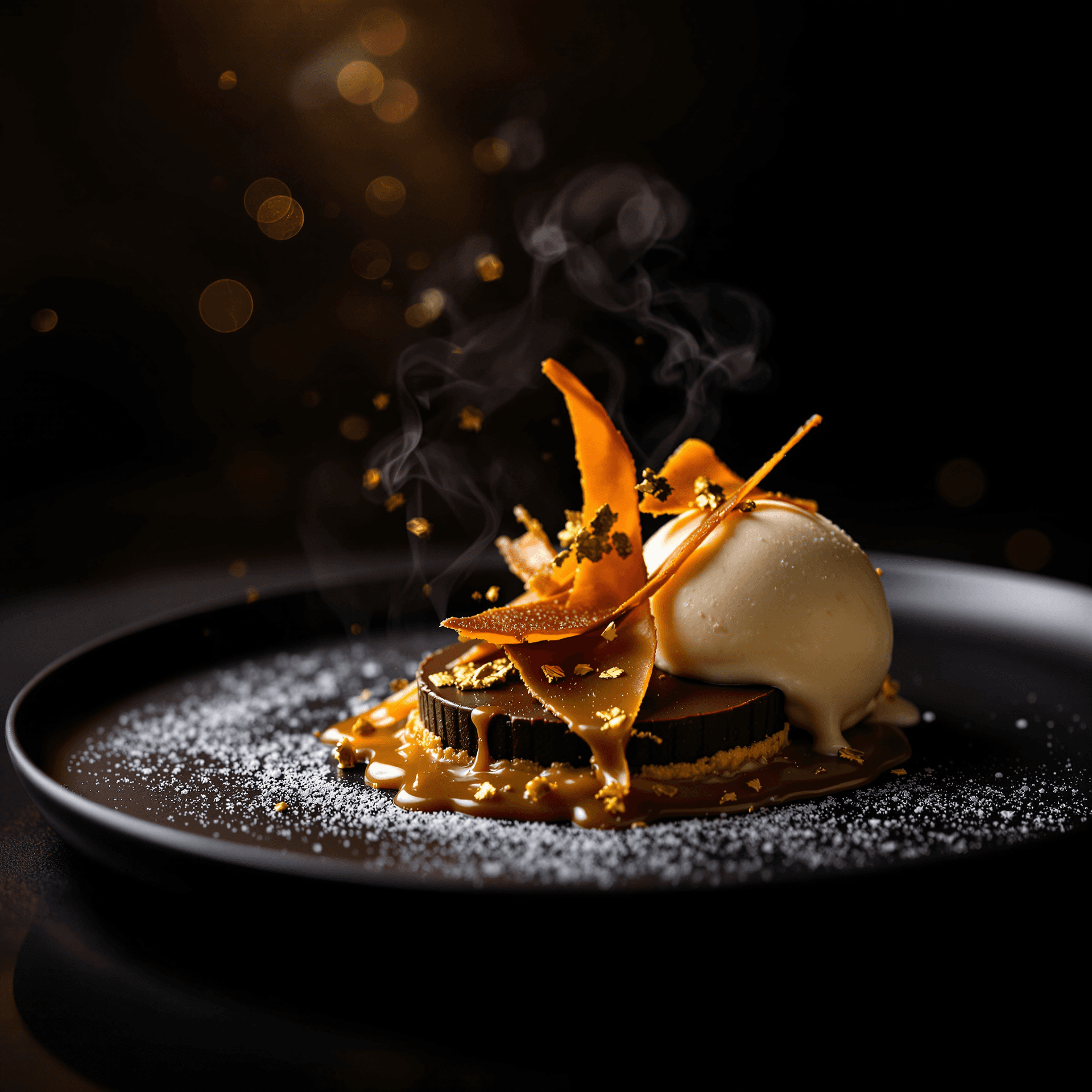 AI generated: A dramatic, close-up food photograph of a gourmet dessert plated in a fine-dining setting. The desse...